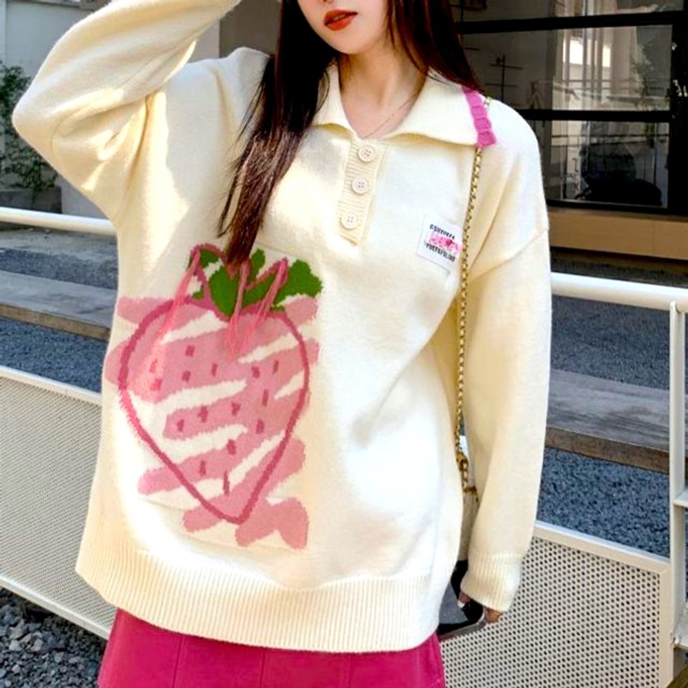 Etsy Cream and Pink Strawberry Embroidered Sweater with Scalloped Collar
